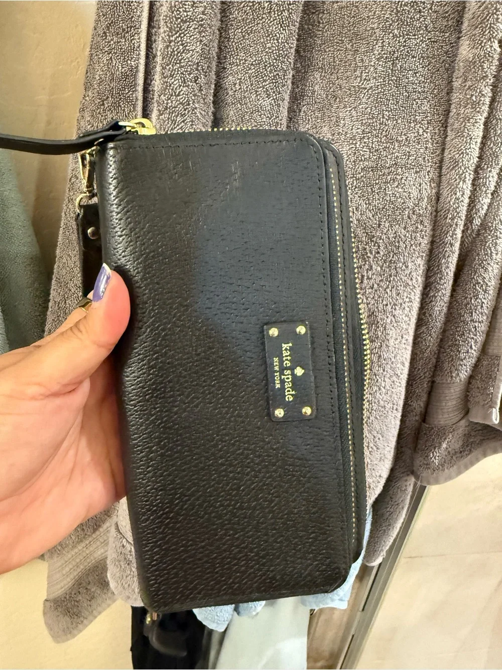 kate spade Black Pebbled Leather Wristlet Clutch with Gold Hardware